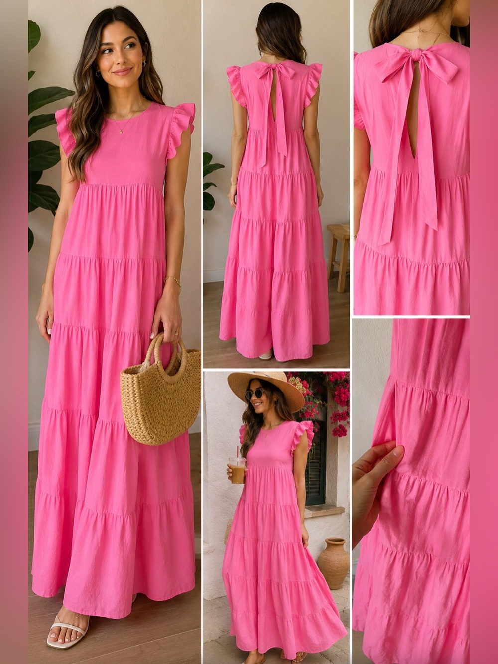 English Factory Pink Tiered Maxi Dress Ruffle Sleeve Open Back Bow Size Small